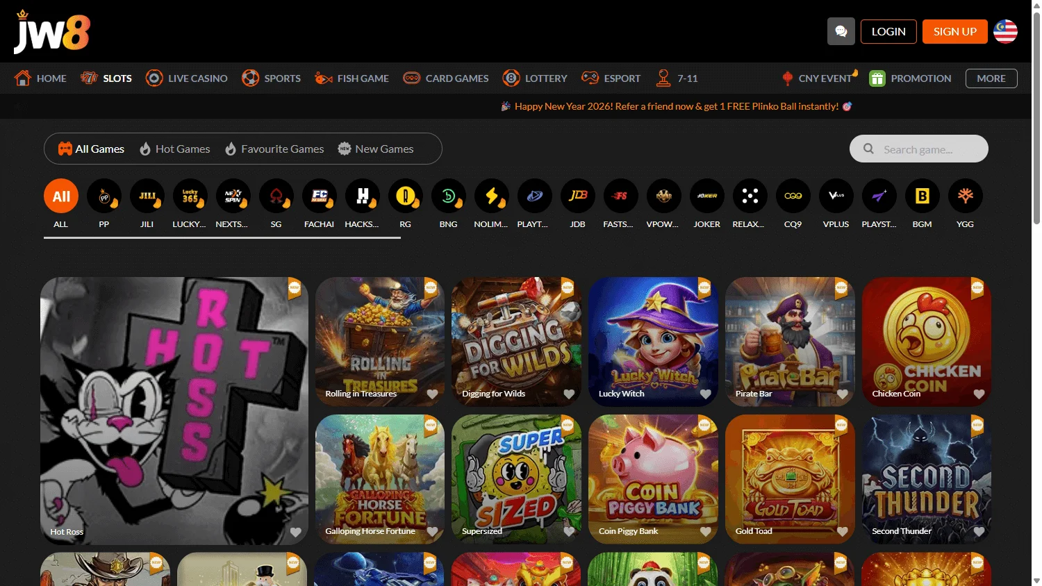 JW8 Casino desktop games interface with casino and betting categories