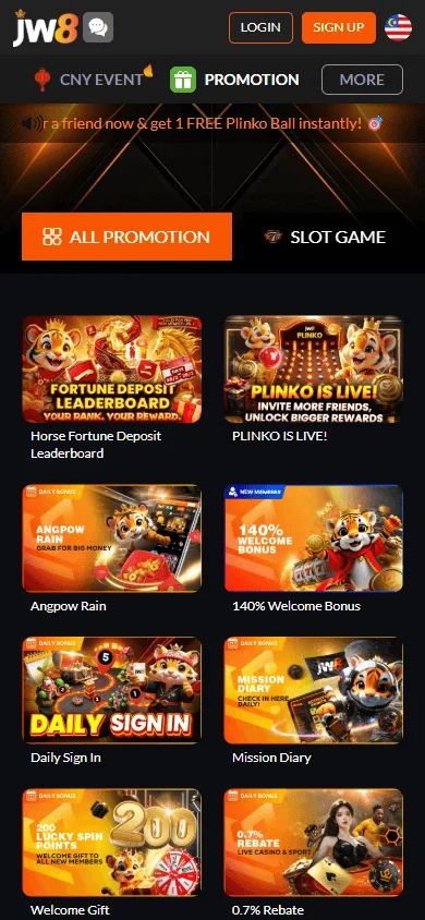 JW8 Casino mobile promotions interface with bonus offers