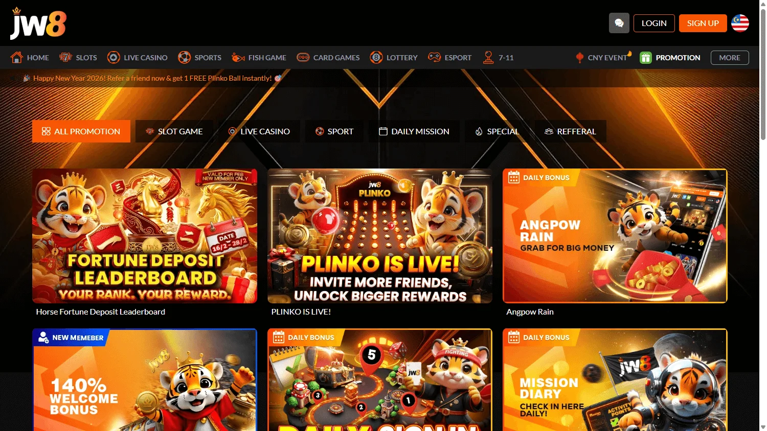 JW8 Casino desktop promotions interface with bonus offers