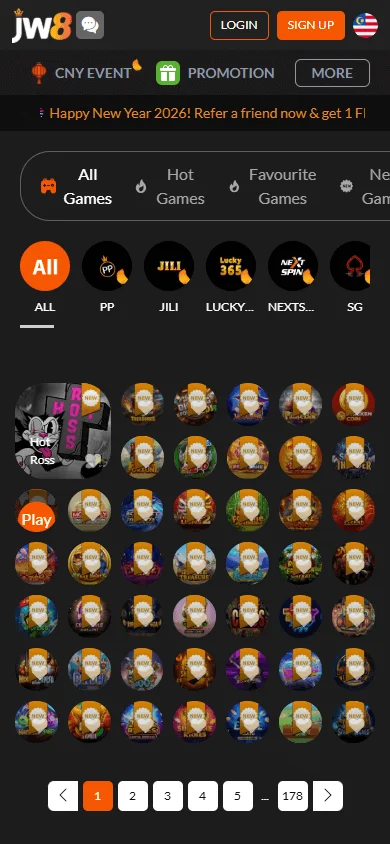 JW8 Casino mobile games interface with casino and betting options