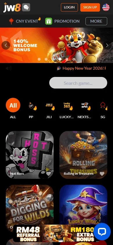 JW8 Casino mobile home interface for casino, sports and account functions