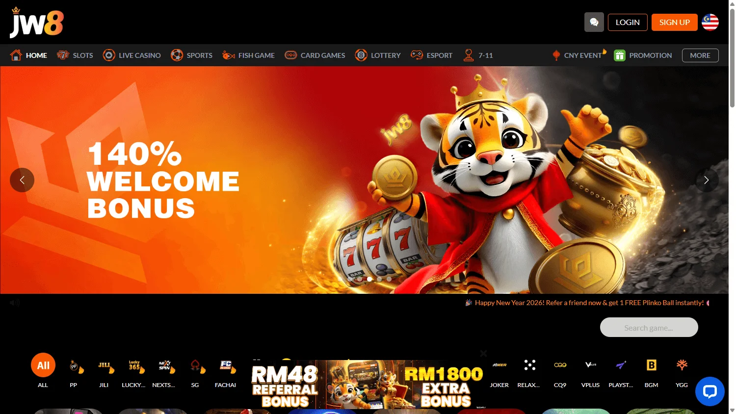 JW8 Casino desktop home interface with casino, betting and account access